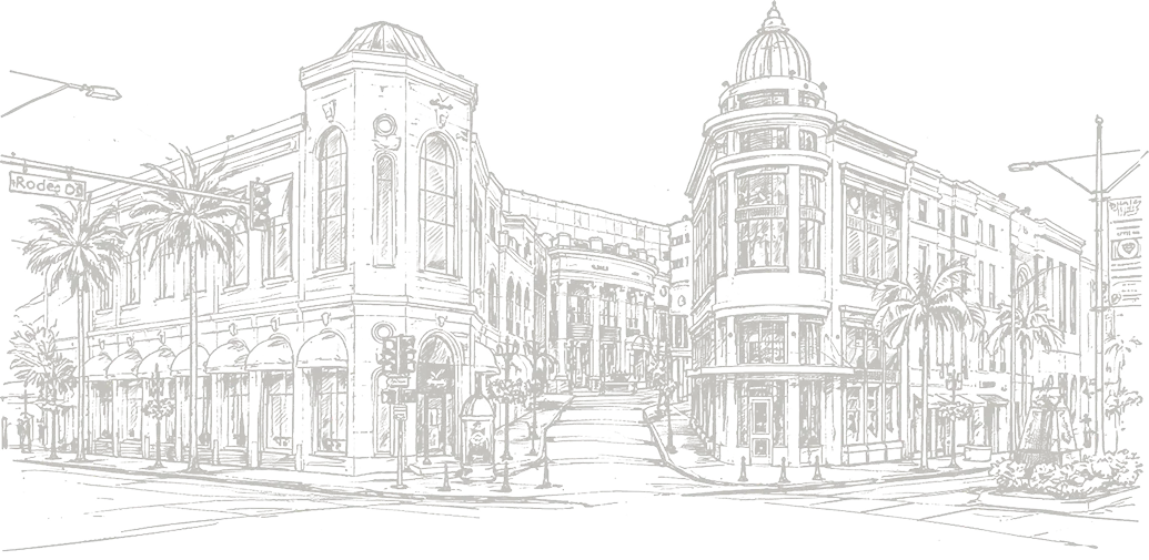 A high-contrast, white-on-black architectural sketch of the luxury shopping and clinical district on Rodeo Drive, featuring palm trees and ornate European-style buildings.